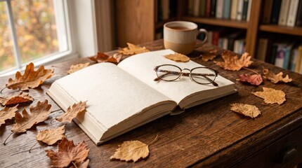 Fototapeta premium Open blank book with eyeglasses on wooden table, autumn leaves and coffee cup in cozy library, warm indoor setting with window view and bookshelves