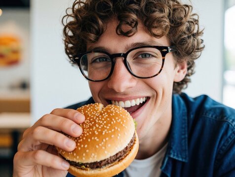 Young man with curly hair and glasses happily eats a large beef burger at a casual fast food spot. He smiles widely while taking a bite of his tasty lunch meal.