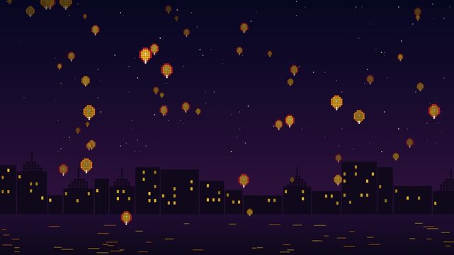Glowing pixel art sky lanterns floating up over a night city skyline with twinkling stars, festive 8 bit animation