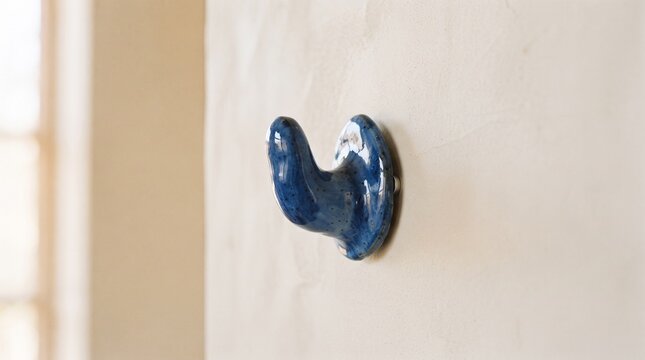 Handmade blue ceramic wall hook mounted on a light wall in a cozy interior design setting