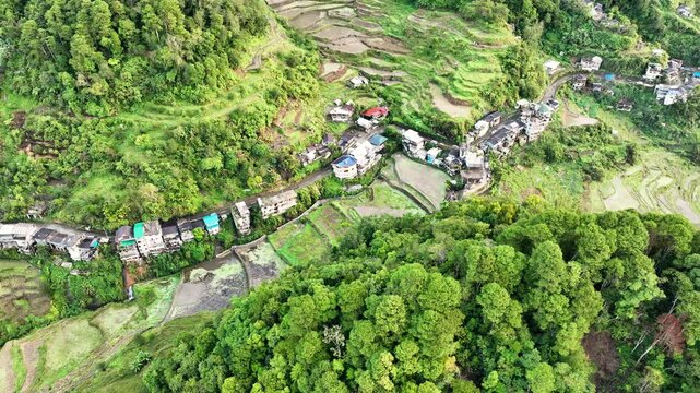 Aerial shot of the amazing terraced rice paddies in the mountains near Banaue Philippines.