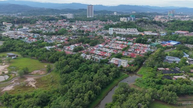 Aerial Footage of local lifestyle residential housing at Kota Kinabalu city, Sabah, Malaysia