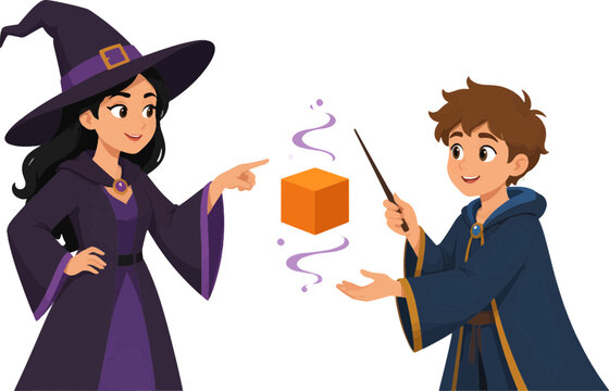 halloween witch characters learning magic with a floating glowing cube in a fantasy vector art illustration
