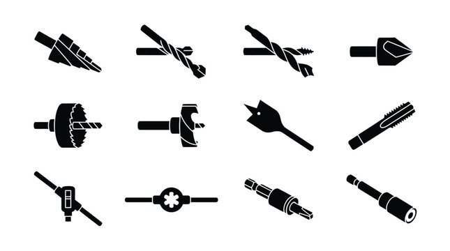 Collection of various power and hand tool drill bits icons
