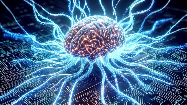 Artificial intelligence brain with glowing neural connections on circuit board. Digital mind concept with pulsating energy. Lockdown medium shot.