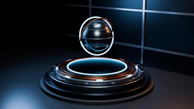 Levitating chrome sphere rotating above futuristic platform. 3d animation of metallic sphere floating over futuristic platform. Glowing futuristic orb levitating on dark mechanical stage