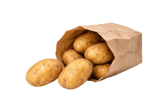 Fresh raw potatoes spilling from an open kraft paper bag isolated on a clean white background, grocery produce and cooking ingredient concept.