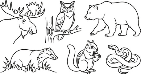 Wild Woodland Animals Moose Antlers Horned Owl Brown Bear European Badger Chipmunk with Acorn and Coiled Snake Line Icon Set © Polash