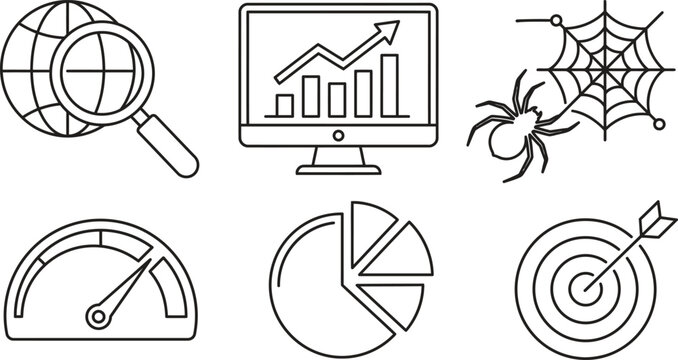 Website SEO and Performance Analytics Global Search Monitor Growth Graph Web Crawler Spider Speedometer Pie Chart and Target Line Icon Set