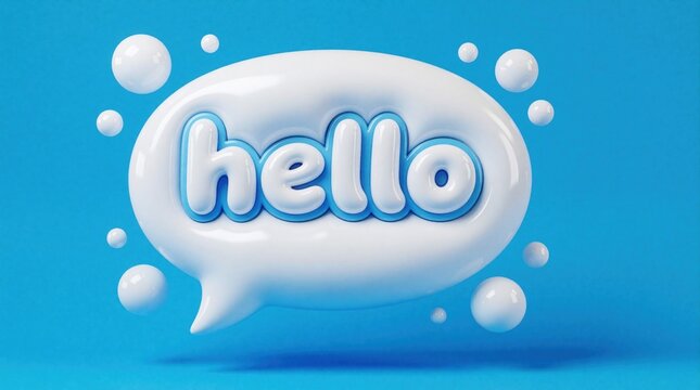3D render of white speech bubble with hello text on blue background. Glossy message balloon with soft lighting. Minimalist chat icon for social media communication, web design, online greeting,