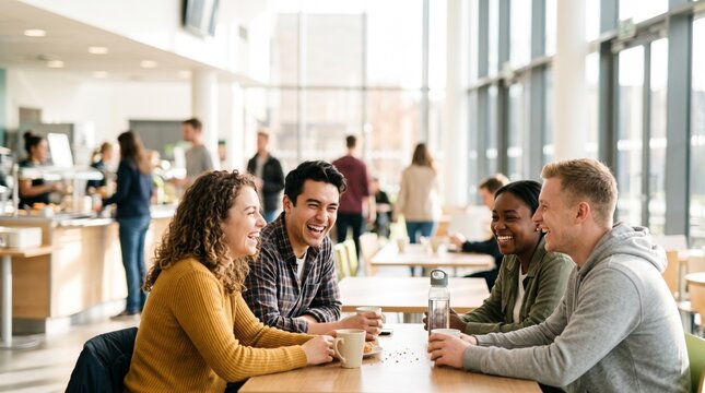 Four diverse young friends laugh over coffee at a table in a bright, modern cafeteria during a casual break