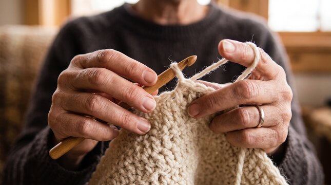 Close up of elderly person's hands crocheting with a wooden hook and cream colored yarn