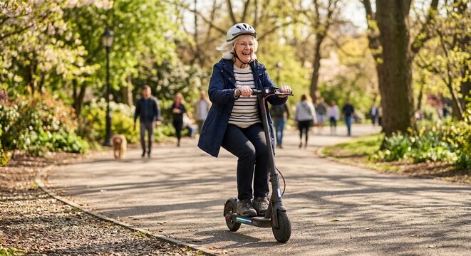Happy senior woman riding an electric scooter along a sunny park path during the spring season