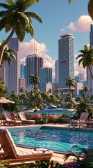 Obraz premium Luxury tropical resort with swimming pool and palm trees overlooking a modern city skyline