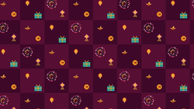 Seamless scrolling pattern of pixel art festival icons including diya lamps, lanterns, marigolds and sparkles on dark purple