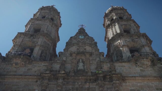 Basilica of Our Lady of Zapopan facade featuring colonial architecture, twin towers, central entrance, surrounding white walls with windows, and visitors walking under clear blue sky