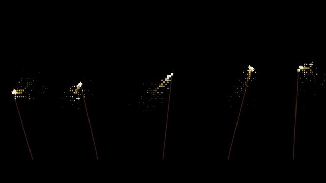 Pixel art sparklers drawing glowing golden spark trails on black background, festive retro overlay effect