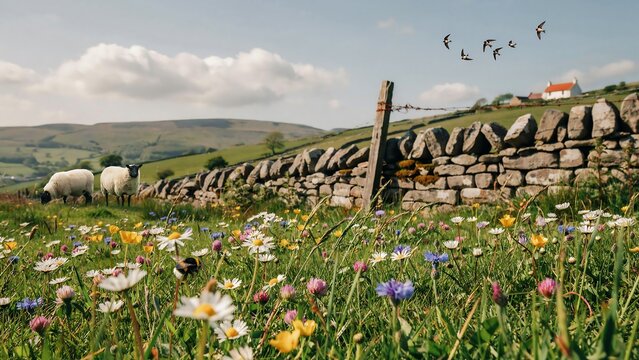 Wildflower meadow in the foreground, old stone wall, grazing sheep and rolling green hills under a clear sky