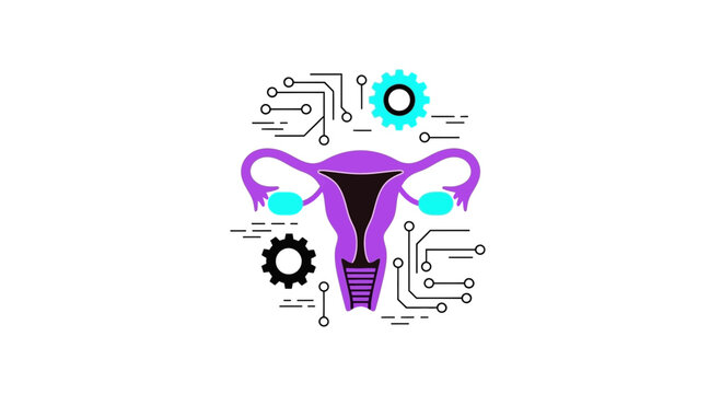 FemTech Concept Illustration: Female Reproductive System with Integrated Digital Circuitry and Gears Representing Innovations in Women's Health and Fertility Technology
