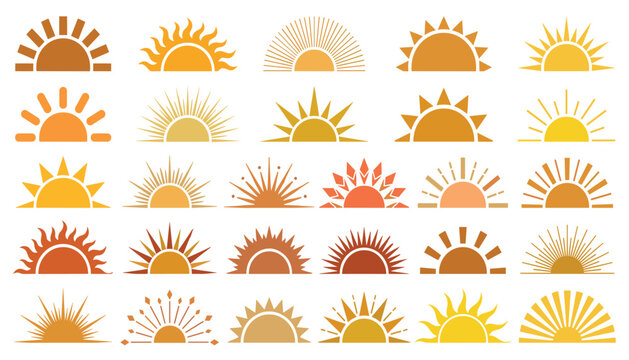 Boho sunburst vector set featuring minimalist rising sun icons and geometric celestial elements isolated on white background.