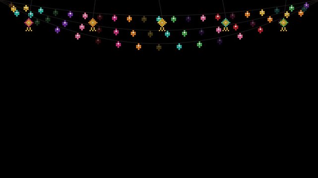 Strands of twinkling pixel art string lights hanging across the top of a black frame, festive light bulb overlay