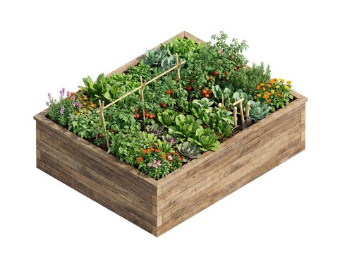Raised edible garden bed, sustainable living, isolated on white background