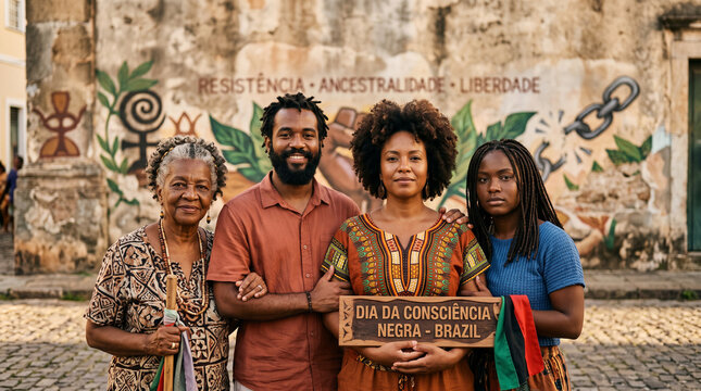 Diverse group of Black people standing together in unity with subtle visual references to freedom, resistance, ancestry and cultural pride, Black Consciousness Day