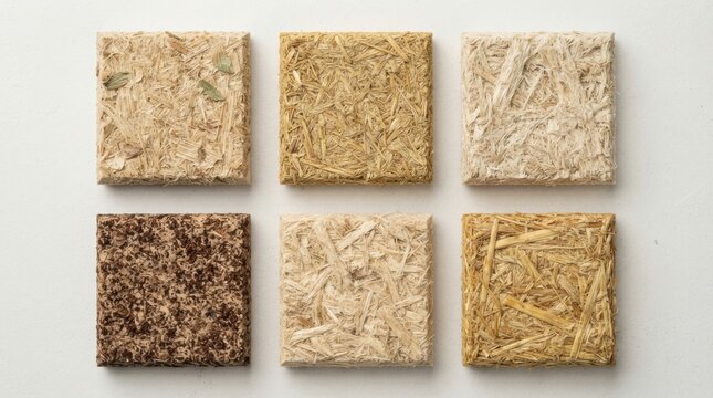 agricultural waste biomaterial samples Six square tiles with various random line patterns arranged on a white wall.