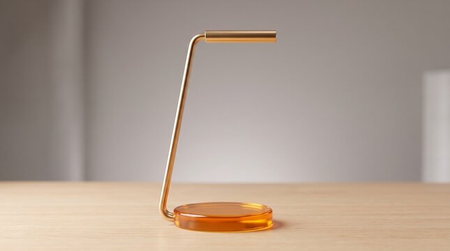 Modern desktop headphone stand with circular amber orange base and slender warm gold support, featuring clean geometric proportions and minimalist product styling