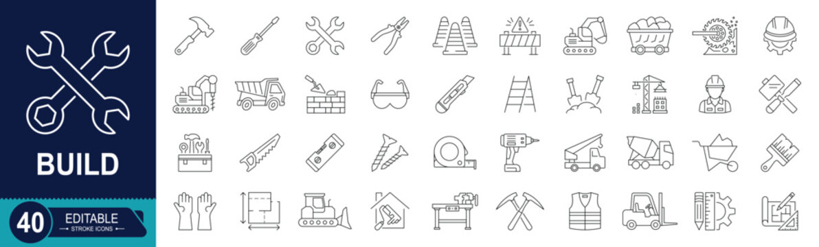 Building and repair tools icon set, Construction site, hand tools, heavy machinery, 40 editable stroke outline icons.