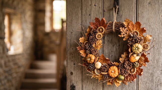 Handmade autumn wreath with pine cones, dried orange slices, leaves and small pumpkins hangs on a rustic wooden door