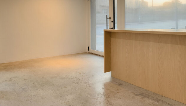 Empty storefront with wooden counter and glass entrance
