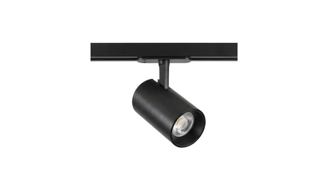 Modern black track light fixture, minimalist interior spotlight lamp, adjustable ceiling lighting isolated on white