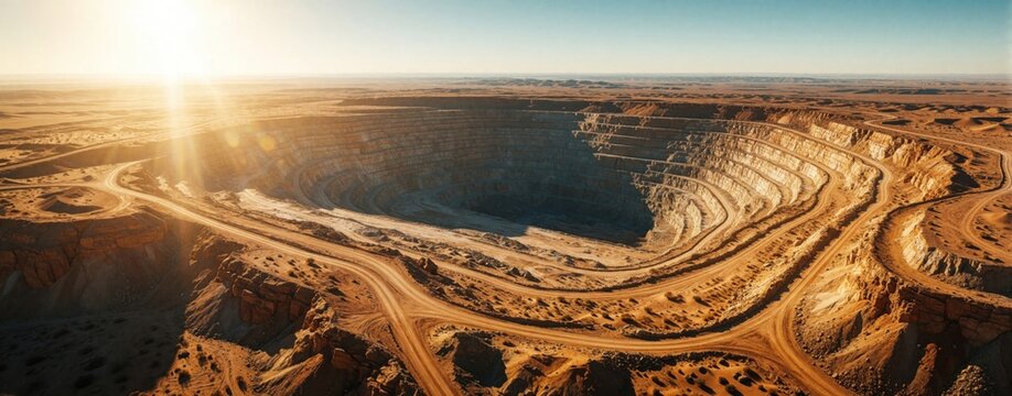 Aerial view of huge open pit mine in dry desert landscape. Massive excavation site shows deep terraced layers, dirt roads under bright sunlight. Industrial mining activity extracts minerals from