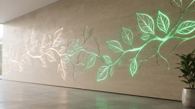 modern interior wall projection with glowing green vine and leaf digital art installation
