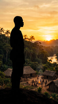 Symbolic representation of Zumbi dos Palmares and the Quilombo dos Palmares, a strong Black male silhouette standing on a hill surrounded by a community of free Black people, Black Consciousness Day