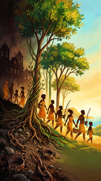 Symbolic visual journey from historical oppression toward freedom and equality, broken chains transforming into powerful roots and growing trees, silhouettes of Black people moving forward together