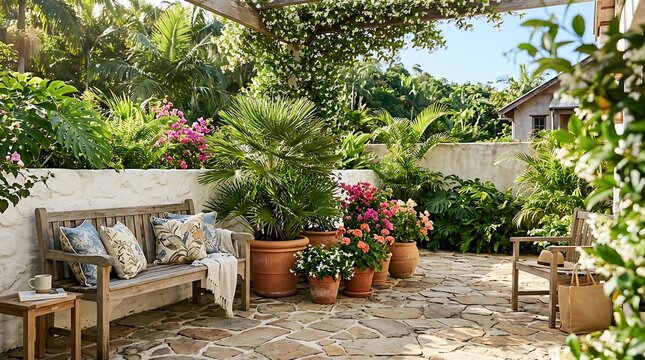 A serene and lush outdoor patio featuring a wooden bench with cushions, numerous potted plants with vibrant flowers, and a stone-paved floor, surrounded by abundant greenery and a charming garden.