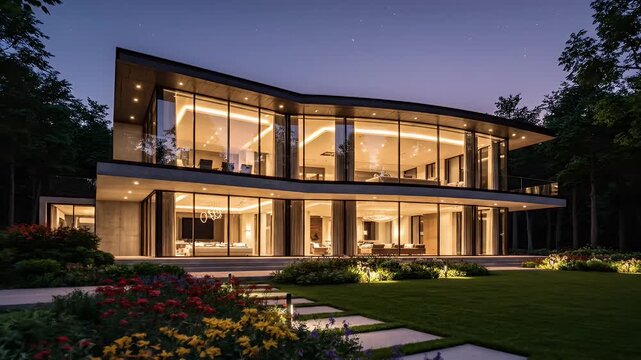 Modern Glass-Walled Luxury House with Illuminated Interior Surrounded by Colorful Flower Gardens at Dusk