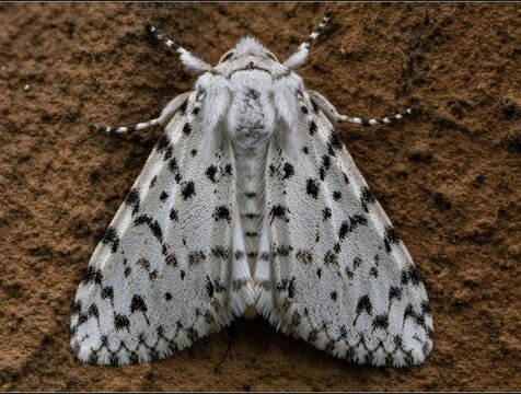Macro shot of white Miller moth on brown soil. Lepidoptera insect with black spots on wings rests on ground. Detail of Acronicta leporina shows fuzzy body, patterned wings in nature. Close up