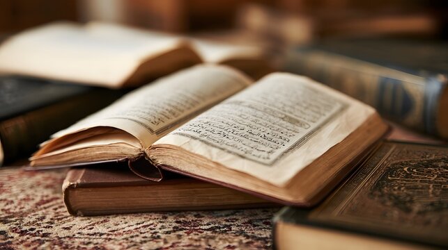 An open book with Arabic script rests atop other books on a patterned rug  suggesting scholarly or religious study