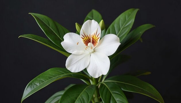 A single white alstroemeria flower with delicate yellow and red markings centered against a dark black background