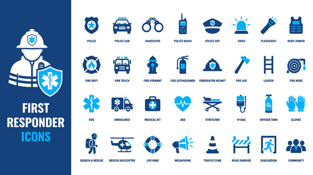 First Responder Icons Set Depicting Police Fire EMS and Safety Equipment