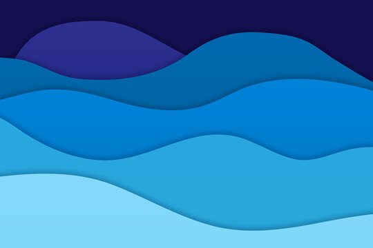 Blue papercut sea waves background with flowing curves and soft shadows. Paper art ocean backdrop with abstract wave shapes. Modern wavy design for banners, covers, websites, presentations projects
