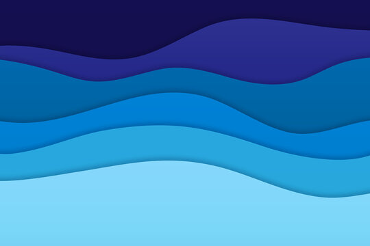 Blue papercut sea waves background with flowing curves and soft shadows. Paper art ocean backdrop with abstract wave shapes. Modern wavy design for banners, covers, websites, presentations projects