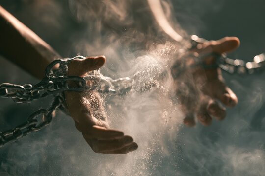 Hands breaking misty chains symbolizing release from mental burdens