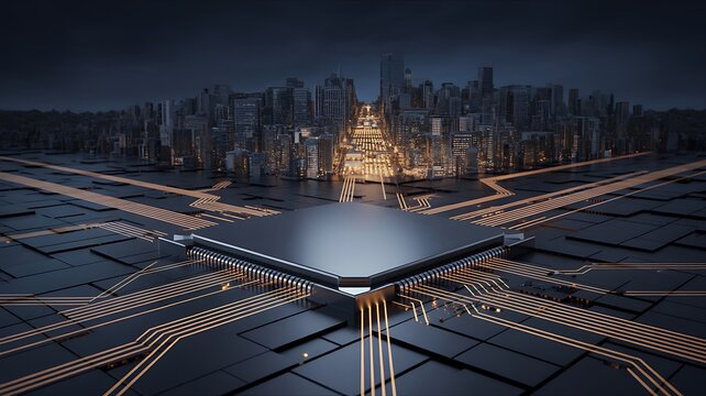 Computer processor chip with gold city skyline and circuits