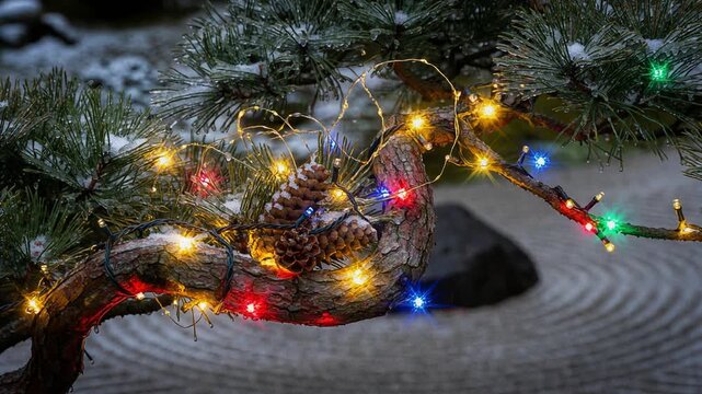 雪をかぶった松の木の枝と松ぼっくりに丁寧に巻き付けられた繊細なクリスマスLED電飾の煌めき