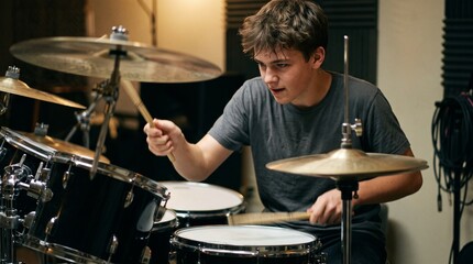 Fototapeta premium Young male drummer intensely playing drum set in a music studio with soundproofing