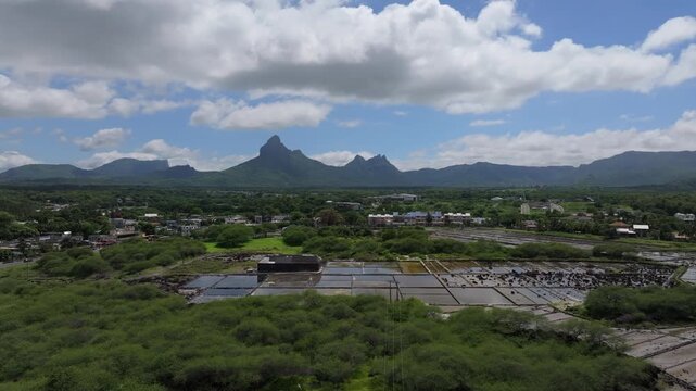 Aerial view of Salines de Yemen-Tamarin salt pans with lush greenery and mountains in the background in Tamarin, Riviere Noire District, Mauritius.